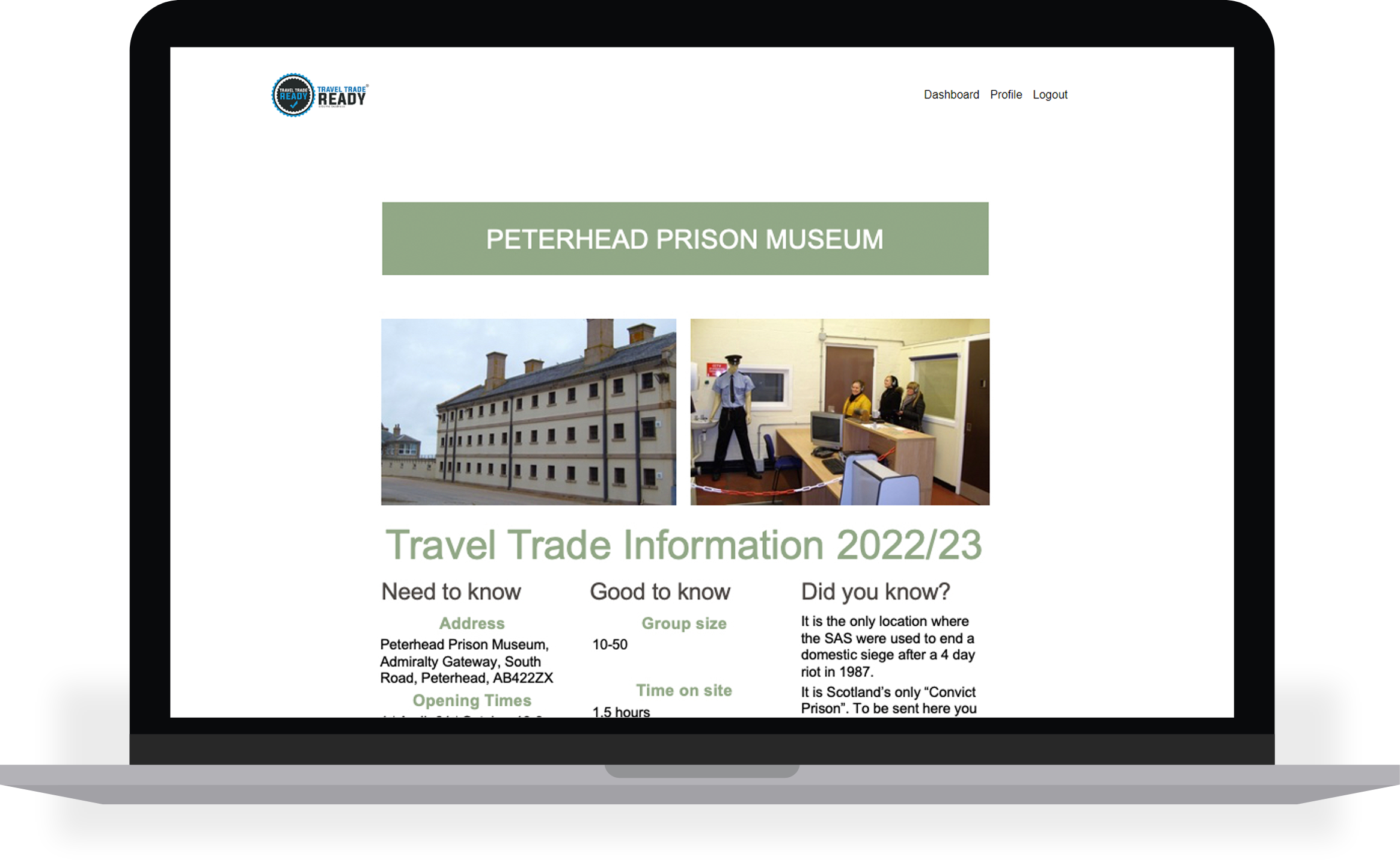 The homepage of the Peterborough prison museum.