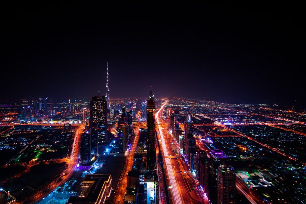 The skyline of Dubai with the Burj Khalifa in view.