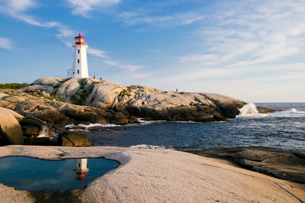 A lighthouse standing tall against a blue sky.