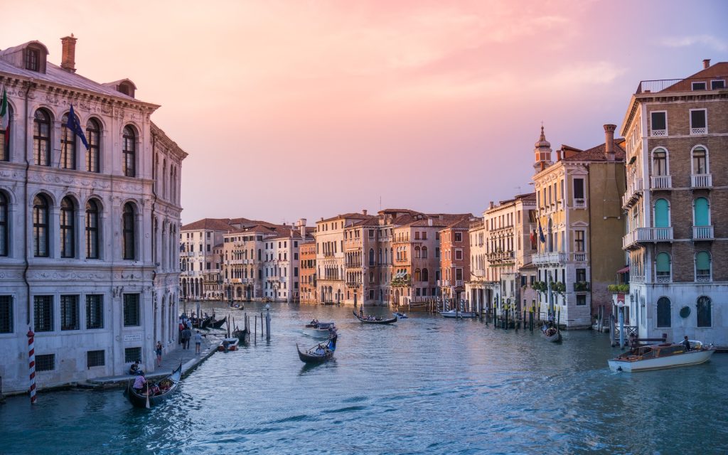 The Grand Canal in Venice at sunset.