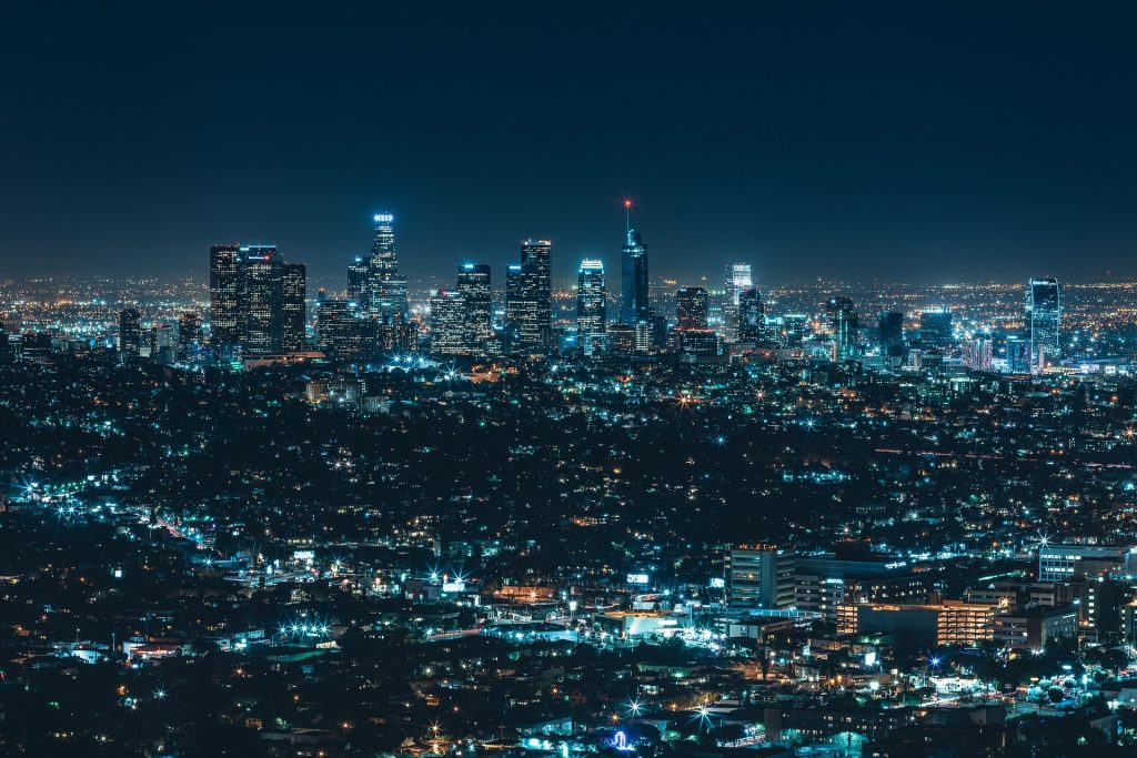 The skyline of Los Angeles at night.