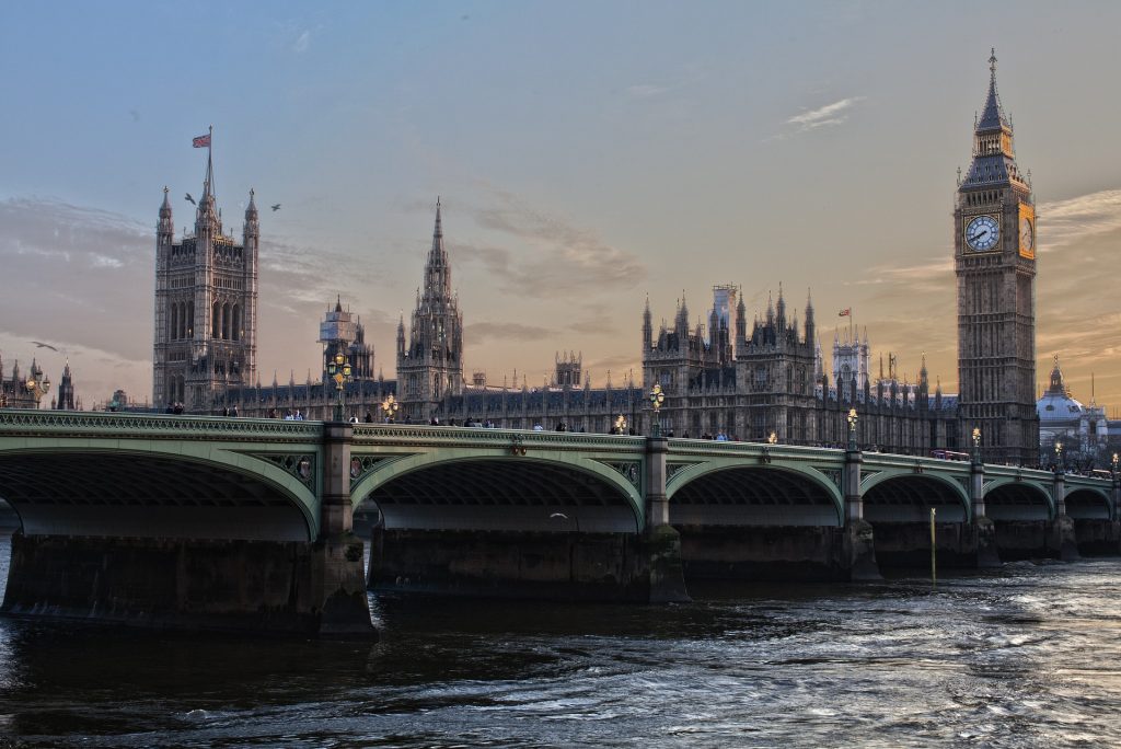 The Elizabeth Tower and the Houses of Parliament in London, seen from the other bank of the Thames.