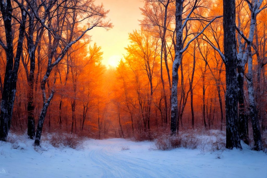 A winter forest landscape at sunrise - the ground thick with snow, as tree trunks stretch upwards.
