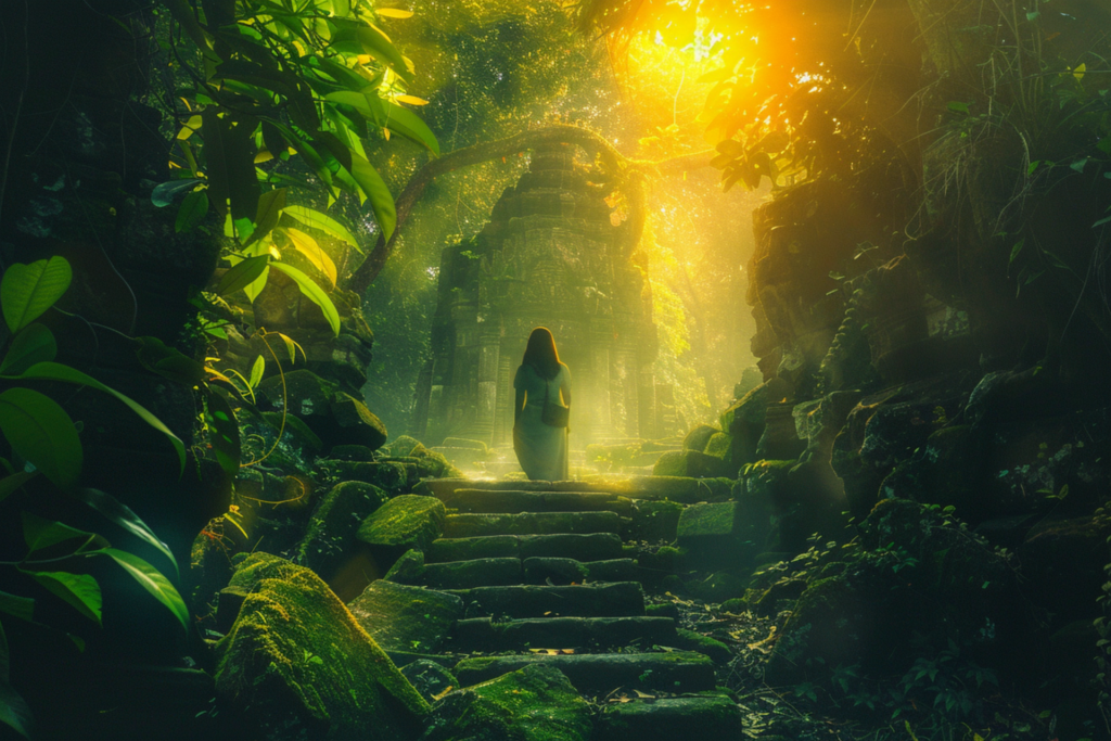 Mystical jungle scene with a woman standing on moss-covered steps leading to an ancient temple.