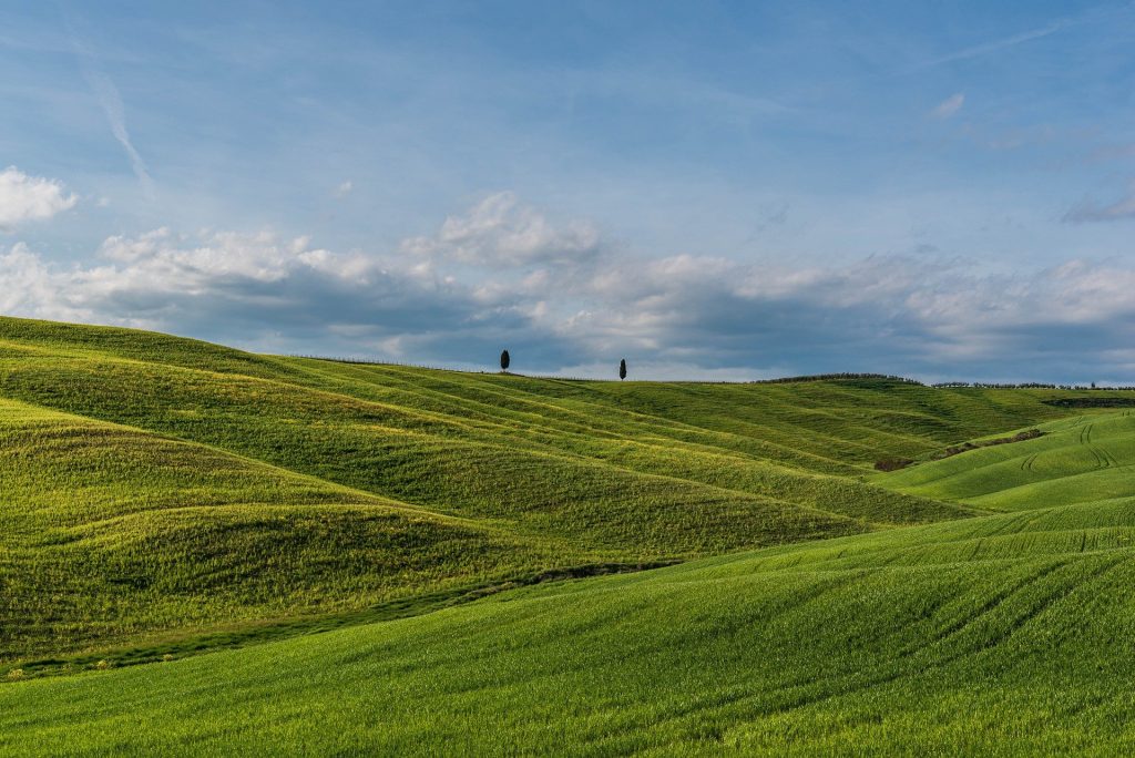 Rolling green hills under a vast blue sky with scattered clouds, creating a peaceful and expansive landscape.