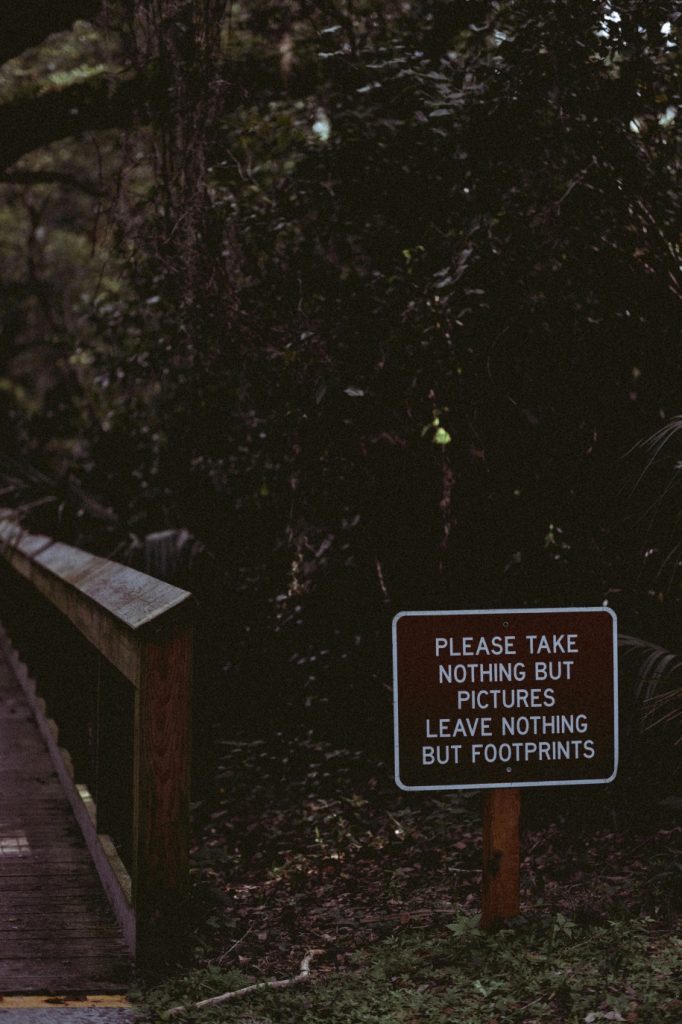 Sign on a wooden bridge reads: “Please take nothing but pictures; leave nothing but footprints.”
