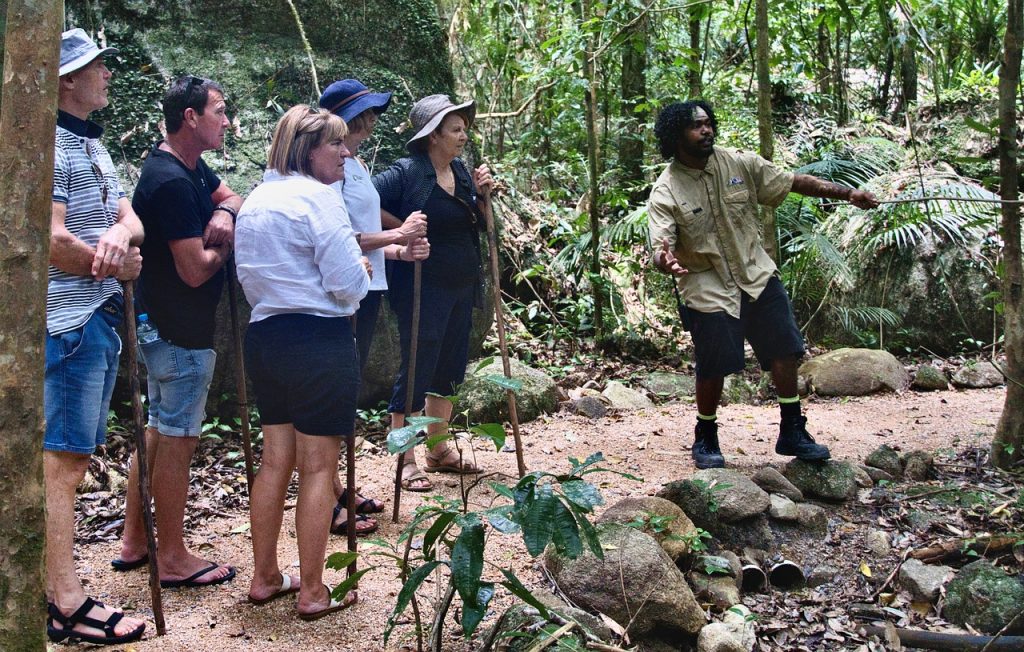 A tour guide in a forest points out something to a group of people, who are listening attentively with walking sticks.